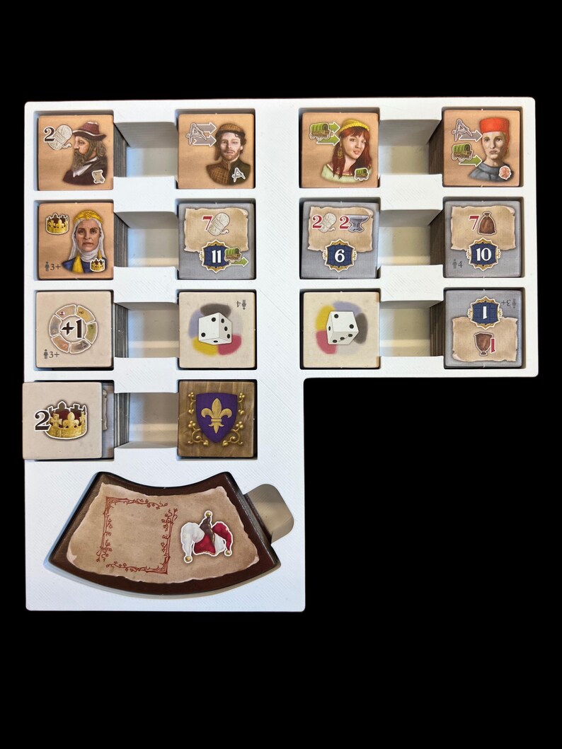 May include: A white game board with various game pieces, including cards, dice, and tokens. The board has a white background with black lines and a brown wooden frame. The game pieces are arranged in a grid pattern on the board. The cards are all different colors and have different images on them. The dice are all white and have black dots on them. The tokens are all different shapes and sizes and have different colors on them.