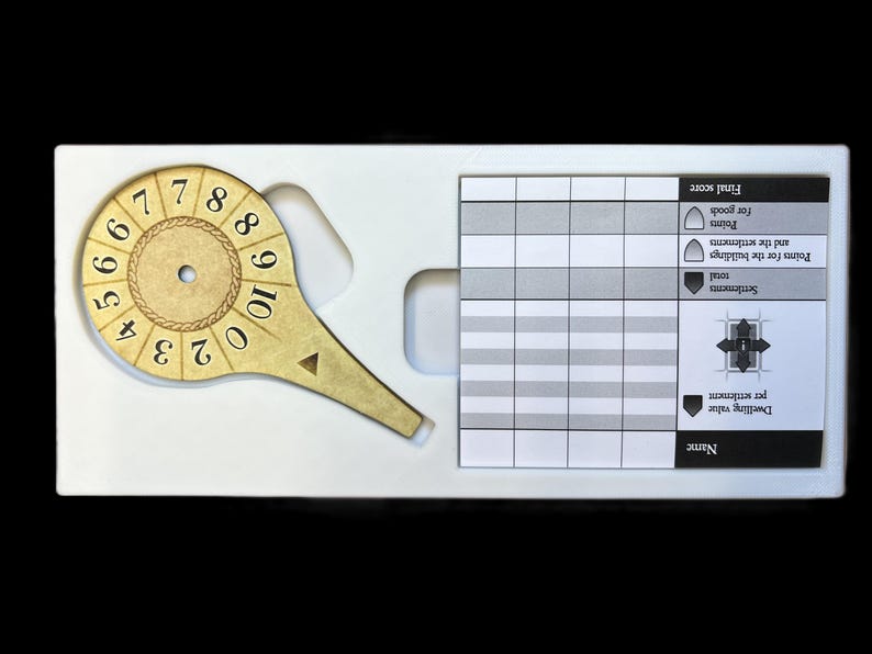 May include: A white plastic game board with a gold and black numbered dial, a gridded score sheet, and a section for final score. The score sheet has headings for dwelling value, settlements, total, points for the buildings and the settlements, and points for goods.