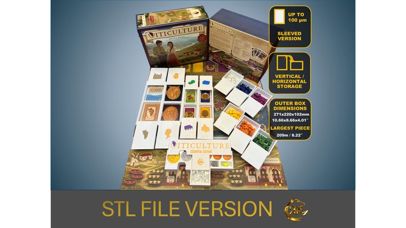 Puede incluir: Una caja blanca con las palabras "Vitiiculture" impresas en ella. La caja est&aacute; abierta y contiene una variedad de piezas de juego, incluidas cartas, fichas y losetas. La caja est&aacute; dise&ntilde;ada para contener un juego de mesa, y las piezas est&aacute;n organizadas de una manera que facilita el almacenamiento y el transporte del juego. La caja tambi&eacute;n est&aacute; etiquetada con las dimensiones del juego, que son 271x220x102mm. La caja est&aacute; dise&ntilde;ada para contener un juego que se puede enfundar con fundas de hasta 100&micro;m.