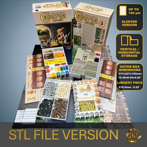 May include: Averna board game storage solution with multiple compartments for sleeved cards and game pieces. The box dimensions are 12.48 x 8.94 x 4.02 inches and the largest piece is 8.52 inches.