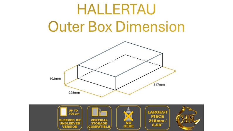 May include: Diagram showing the outer box dimensions for a product. The box is 102 mm high, 228 mm wide, and 317 mm long. The text "HALLERTAU" is at the top of the image. The text "Outer Box Dimension" is below the word "HALLERTAU".