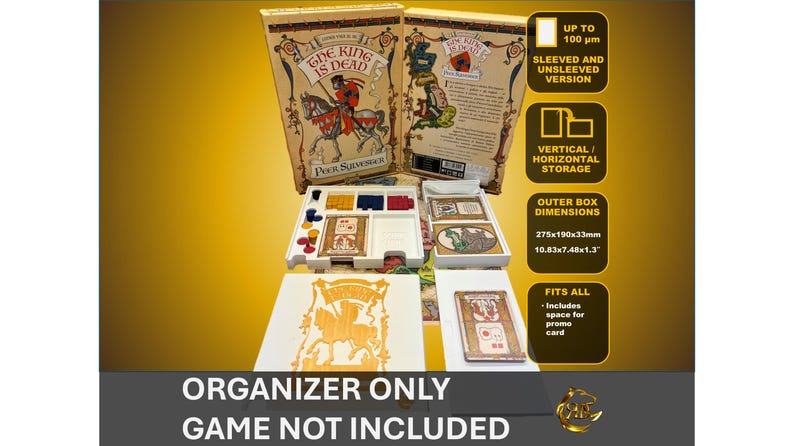 May include: White organiser box for the board game "The King is Dead". The box has compartments for game pieces, cards, and the game board. The box is 27.5 cm by 19 cm by 3.3 cm.
