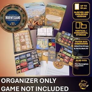 Może przedstawiać: Organizer do gry planszowej, zawierający różne elementy, w tym pudełka, tace i elementy gry. Projekt zawiera tekst "The Norwegians Expansion" i "Organizer Only, Game Not Included." Wymiary zewnętrzne pudełka to 222x314x121mm.