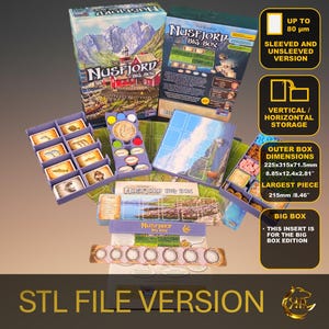 May include: A board game titled "Nusfjord Big Box" with various components, including game boards, cards, and tokens. The box art features a mountain landscape. The image includes text indicating dimensions and storage options. The text "STL FILE VERSION" is also visible.