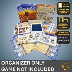 May include: A white organizer for the board game Barcelona. The organizer is made of cardboard and has compartments for all of the game's components. The organizer is designed to fit sleeved or unsleeved cards. The organizer is also designed to be stored vertically or horizontally. The organizer is 11.61 inches by 11.61 inches by 8.76 inches.