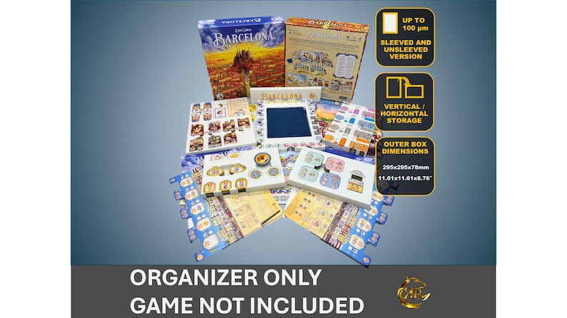 May include: A white organizer for the board game Barcelona. The organizer is made of cardboard and has compartments for all of the game's components. The organizer is designed to fit sleeved or unsleeved cards. The organizer is also designed to be stored vertically or horizontally. The organizer is 11.61 inches by 11.61 inches by 8.76 inches.