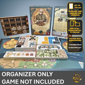 May include: A white organizer insert for the board game Carnegie. The insert has multiple compartments for storing game components, including cards, tokens, and tiles. The insert is designed to fit inside the original game box. The image also shows the game box and game board.