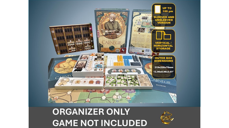 May include: A white organizer insert for the board game Carnegie. The insert has multiple compartments for storing game components, including cards, tokens, and tiles. The insert is designed to fit inside the original game box. The image also shows the game box and game board.