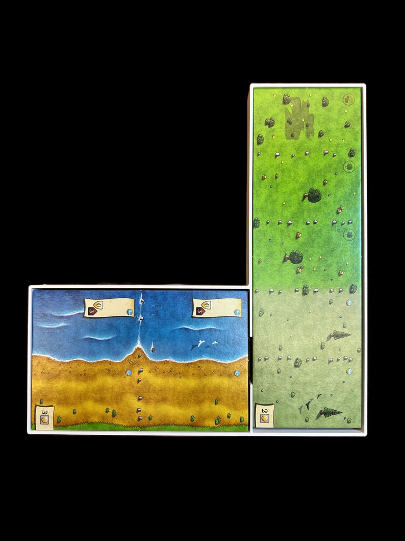 May include: A board game with three game boards. The boards are made of cardboard and have a white border. The top board is green and has a variety of images on it. The bottom two boards are blue and yellow and have a variety of images on them. The boards are numbered 2 and 3.