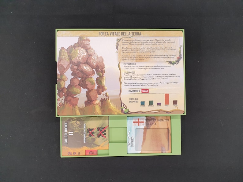 May include: A green box containing game cards with illustrations and text. The top card features a stone golem illustration and the text "FORZA VITALE DELLA TERRA". Other cards show various graphics and text, with a black background.