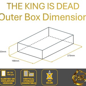 May include: Diagram showing the outer box dimensions for "The King is Dead" board game. The box is 275mm long, 190mm wide, and 33mm high. The diagram also shows that the game can be stored vertically and does not require glue.