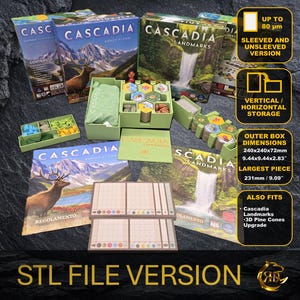 May include: A collection of board game components and boxes, including the game "Cascadia." The boxes feature images of landscapes and wildlife. The image includes text indicating dimensions of 9.44 x 9.44 x 2.83 inches and the largest piece is 9.09 inches.