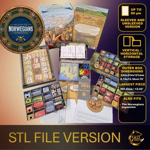 May include: A collection of board game elements, including boxes, boards, and tokens. The image includes text that reads "STL FILE VERSION" and "The Norwegians expansion". The outer box dimensions are 222x314x121mm, and the largest piece is 305.5mm.