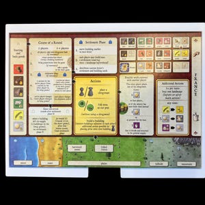 May include: A close-up of a board game with a white frame. The game board features a map with various terrain types, including water, forest, and mountains. The game board also includes a set of rules and instructions for playing the game. The game is called "France".