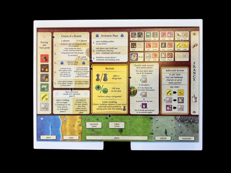 May include: A close-up of a board game with a white frame. The game board features a map with various terrain types, including water, forest, and mountains. The game board also includes a set of rules and instructions for playing the game. The game is called "France".
