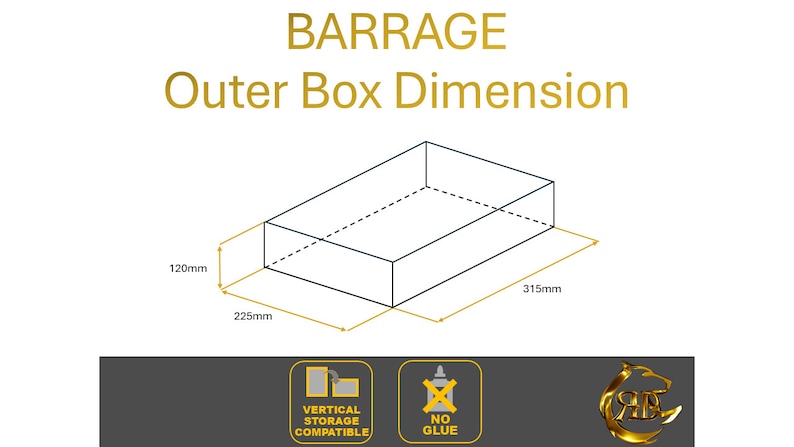 Op de afbeelding: Diagram van een rechthoekige doos met afmetingen in millimeters: 120 mm, 225 mm en 315 mm. De tekst "BARRAGE Outer Box Dimension" staat boven het diagram. Onder het diagram staan drie pictogrammen: een pictogram voor verticale opslagcompatibiliteit, een pictogram voor geen lijm en een logo.