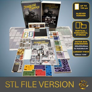 Organizzatore / inserto / soluzione di archiviazione premium per giochi da tavolo Horseless Carriage, versione SLEEVED, file STL per stampa 3D