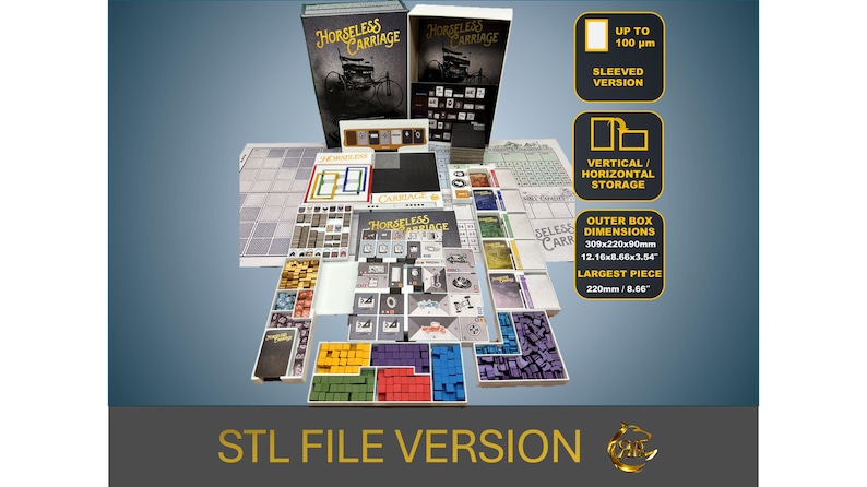 Organizador para el juego de mesa «Carruaje sin caballos» / Versión con fundas. Archivo STL para impresión 3D. imagen 1
