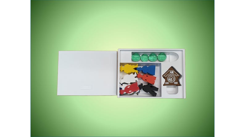 May include: A white box with a cuckoo clock, five wooden figures, and five green chips inside. The figures are red, yellow, blue, white, and black.