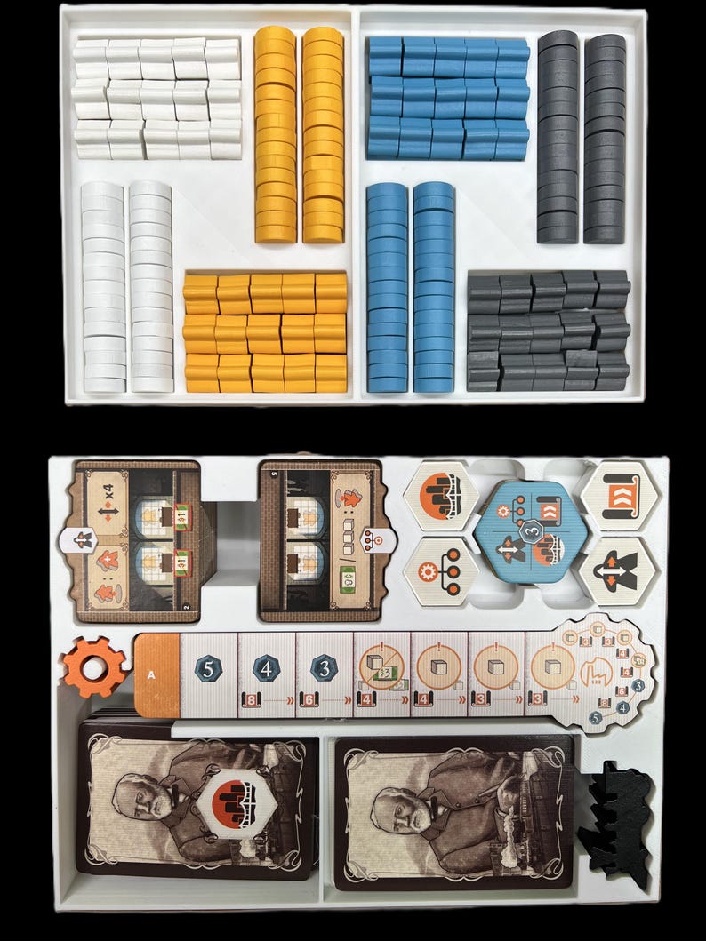 May include: A board game with a white, orange, blue, and gray tile set, a set of cards, and a set of wooden pieces. The game includes a gear, a number track, and a set of cards with a man's face on them.