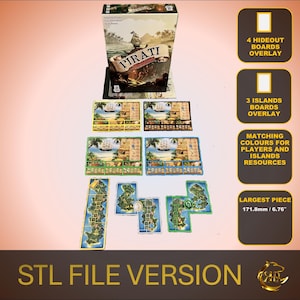 Può includere: Gioco da tavolo "Pirati" con componenti e una scatola con un'illustrazione di pirata. Il gioco include tabelloni rifugio, tabelloni isola e colori abbinati per giocatori e risorse. Il pezzo più grande misura 171,8 mm.