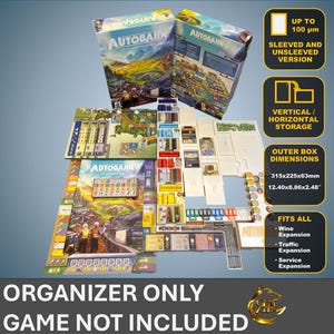 Pode incluir: Um organizador de jogos para o jogo de tabuleiro "Autobahn" com compartimentos para todos os componentes do jogo, incluindo o jogo base e as expans&otilde;es. O organizador &eacute; feito de cart&atilde;o e adapta-se a cartas com e sem mangas. O organizador foi projetado para caber na caixa do jogo original. As dimens&otilde;es da caixa s&atilde;o 31,5 x 22,5 x 6,3 cm.