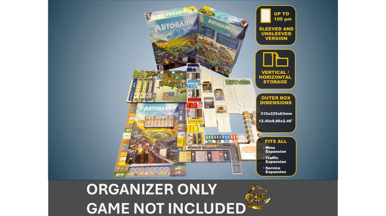 Pode incluir: Um organizador de jogos para o jogo de tabuleiro "Autobahn" com compartimentos para todos os componentes do jogo, incluindo o jogo base e as expans&otilde;es. O organizador &eacute; feito de cart&atilde;o e adapta-se a cartas com e sem mangas. O organizador foi projetado para caber na caixa do jogo original. As dimens&otilde;es da caixa s&atilde;o 31,5 x 22,5 x 6,3 cm.