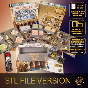 May include: An image of a board game organizer with the text "STL FILE VERSION". The organizer is designed for the board games "Mondo Senza Fine" and "World Without End". The outer box dimensions are 11.65x11.65x2.83 inches, and the largest piece is 11.38 inches.