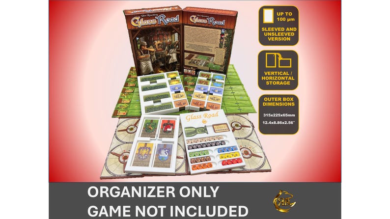 May include: A white organizer for the board game "Glass Road". The organizer includes compartments for cards, tokens, and other game components. The organizer is designed to fit sleeved or unsleeved cards. The box dimensions are 12.4 x 8.36 x 2.56 inches.