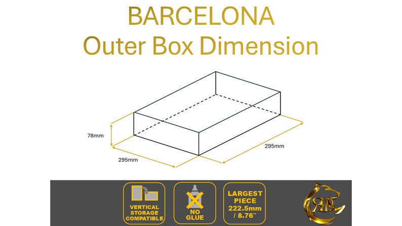 K&ouml;nnte beinhalten: Eine Strichzeichnung einer rechteckigen Box mit in Millimetern beschrifteten Abmessungen. Die Box ist mit "Barcelona Outer Box Dimension" beschriftet. Der Text "Vertical Storage Compatible", "No Glue" und "Largest Piece 222.5mm / 8.76" ist ebenfalls im Bild enthalten.
