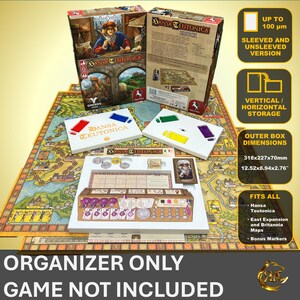 May include: Organizer for the board game "Aeon's End: The New Age". The organizer is made of cardboard and has compartments for all the game components, including the game board, cards, tokens, and dice. The organizer is designed to fit all the expansions for the game, including the "The New Age" expansion. The organizer is also designed to fit sleeved cards. The organizer is shown on top of the game board, with the game box in the background. The text "ORGANIZER ONLY GAME NOT INCLUDED" is printed on the bottom of the image.