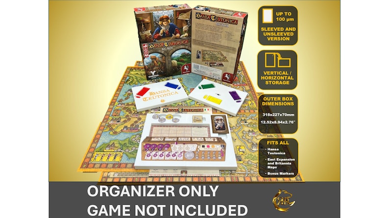 May include: Organizer for the board game "Aeon's End: The New Age". The organizer is made of cardboard and has compartments for all the game components, including the game board, cards, tokens, and dice. The organizer is designed to fit all the expansions for the game, including the "The New Age" expansion. The organizer is also designed to fit sleeved cards. The organizer is shown on top of the game board, with the game box in the background. The text "ORGANIZER ONLY GAME NOT INCLUDED" is printed on the bottom of the image.