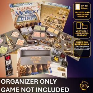 Puede incluir: Un organizador de juegos de mesa con varios compartimentos y bandejas, diseñado para guardar componentes del juego. La imagen incluye cajas de juego y el texto "ORGANIZER ONLY GAME NOT INCLUDED". Dimensiones exteriores: 296x296x72mm.