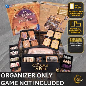 Pode incluir: Organizador preto para o jogo de tabuleiro "A Column of Fire", com compartimentos para cartas e peças. Dimensões da caixa: 296x296x72mm. Jogo não incluído. Projetado para versões com e sem sleeves.