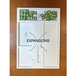 Pode incluir: Uma bandeja de pl&aacute;stico branco com quatro compartimentos. O compartimento superior tem uma cole&ccedil;&atilde;o de pequenos dados verdes com n&uacute;meros brancos. O compartimento inferior tem a palavra "EXPANSIONS" impressa em preto.