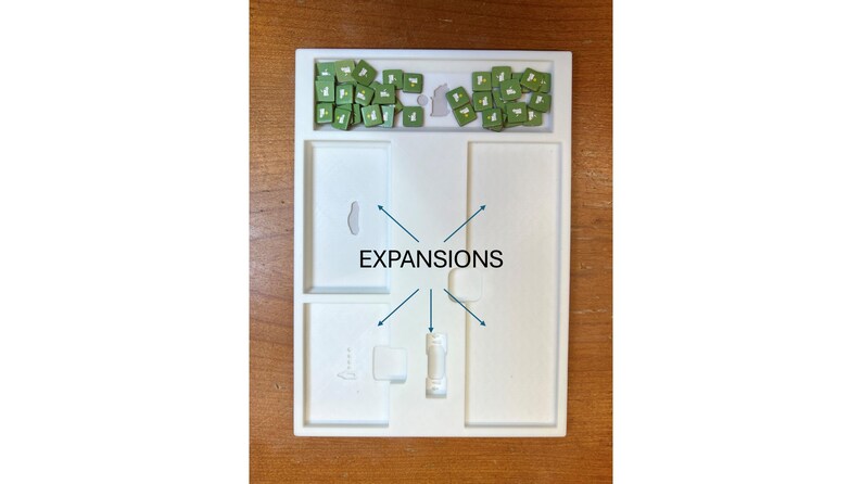 Pode incluir: Uma bandeja de pl&aacute;stico branco com quatro compartimentos. O compartimento superior tem uma cole&ccedil;&atilde;o de pequenos dados verdes com n&uacute;meros brancos. O compartimento inferior tem a palavra "EXPANSIONS" impressa em preto.