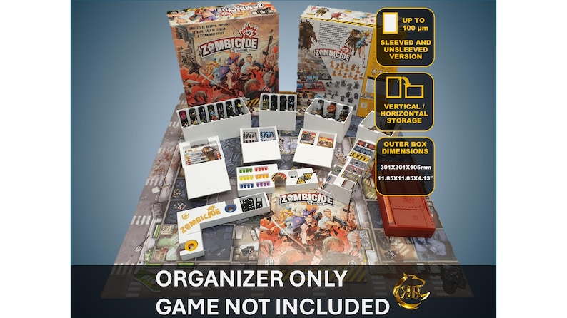 May include: An organizer for the Zombicide board game, featuring white storage trays and boxes. The image includes the game's box art, with text indicating it supports sleeved and unsleeved cards, and offers vertical/horizontal storage. The outer box dimensions are 11.85x11.85x4.13 inches.