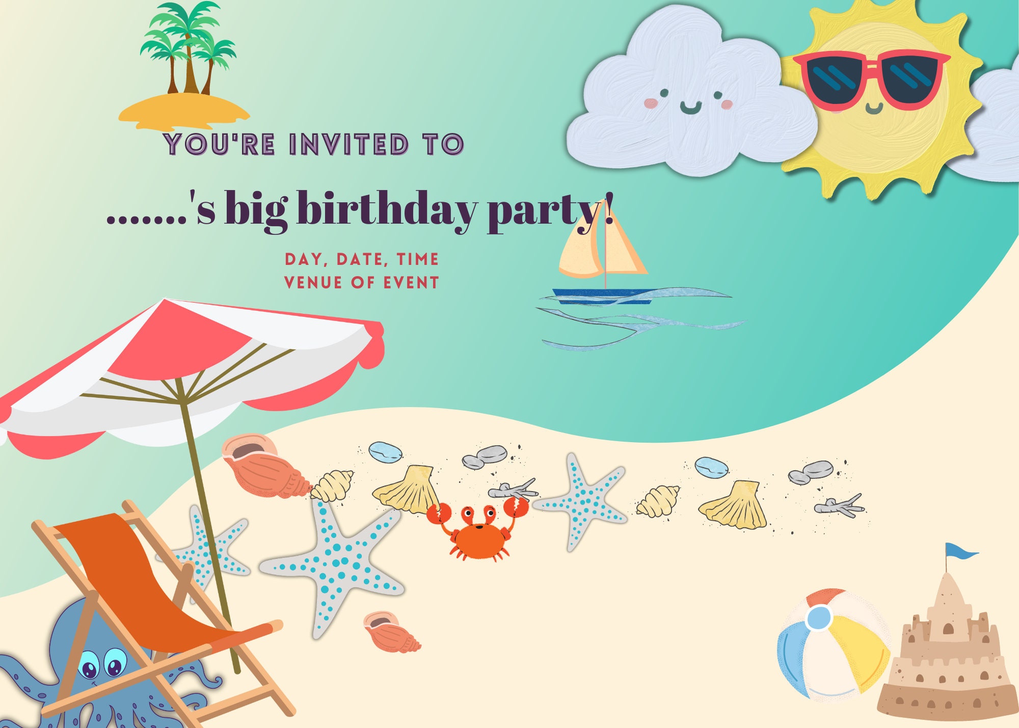 Birthday Invitation; Beach Theme - Etsy