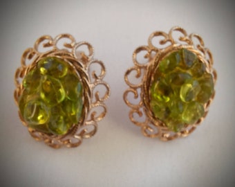 Hawaiian Diamond Earrings OLIVINE Clip On Gold Tone Setting, Scrollwork base with Green Peridot colored Gemstone