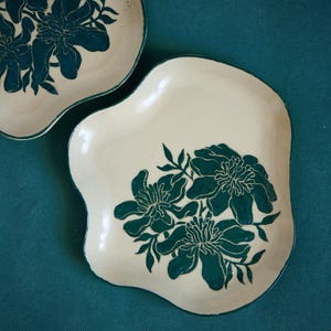Handcrafted Ceramic Plate - Scalloped Edge & Floral Sgraffito Design, deep green, for jewellery