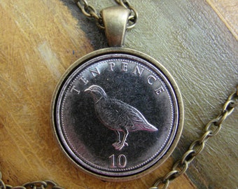 Gibraltar 10 Pence Coin Necklace, Silver coin in Brass bezel, Barbary Partridge Necklace, National Bird of  Gibraltar