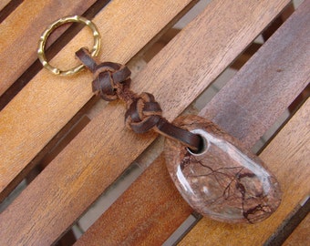 Celtic Button Knot Key ring with Fabulous Jasper Touch Stone Keyring with brown leather - KeyChain