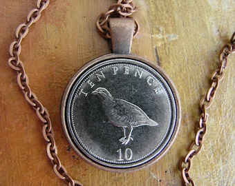 Gibraltar Coin Necklace, Barbary Partridge, National Bird of Gibraltar, silver coin in copper bezel