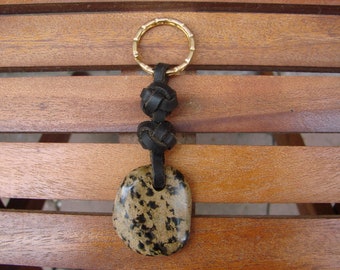 Celtic Diamond Button Knot Key ring with Leopard Jasper -- Touch Stone Keyring with brown leather - KeyChain