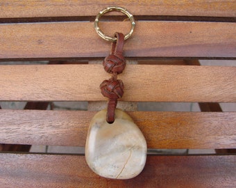 Celtic Button Knot Key ring with Picture Jasper Touch Stone Keyring with brown leather - KeyChain