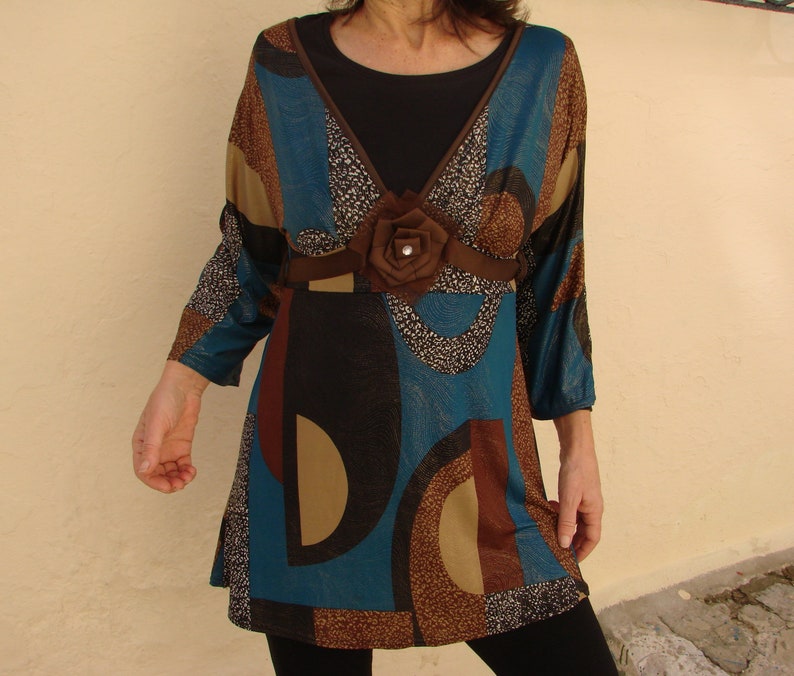 Gold /& Brown Vintage Lolita Fashion Top Geometric Pattern in Shades of Teal