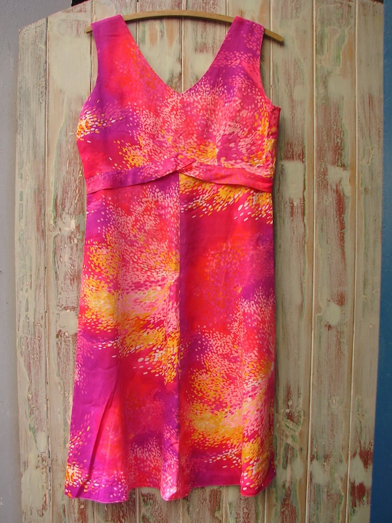 60s Designer Hawaiian Fit and Flair Dress, Haleaka Fashions, Made in Hawaii, Hot Pink, Purple & Yellow, Jazzy