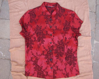 Vintage Chinese Silk Brocade Mandarin Collar Blouse -- Red and Black, Petite