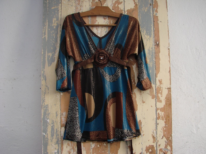 Gold /& Brown Vintage Lolita Fashion Top Geometric Pattern in Shades of Teal