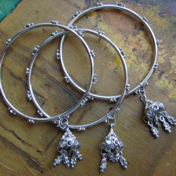 Set of 3 Vintage Tibetan Silver Bangles -- Hand-made Bangles from 1970s,  Temple Bracelets, Made in India, Boho wristband